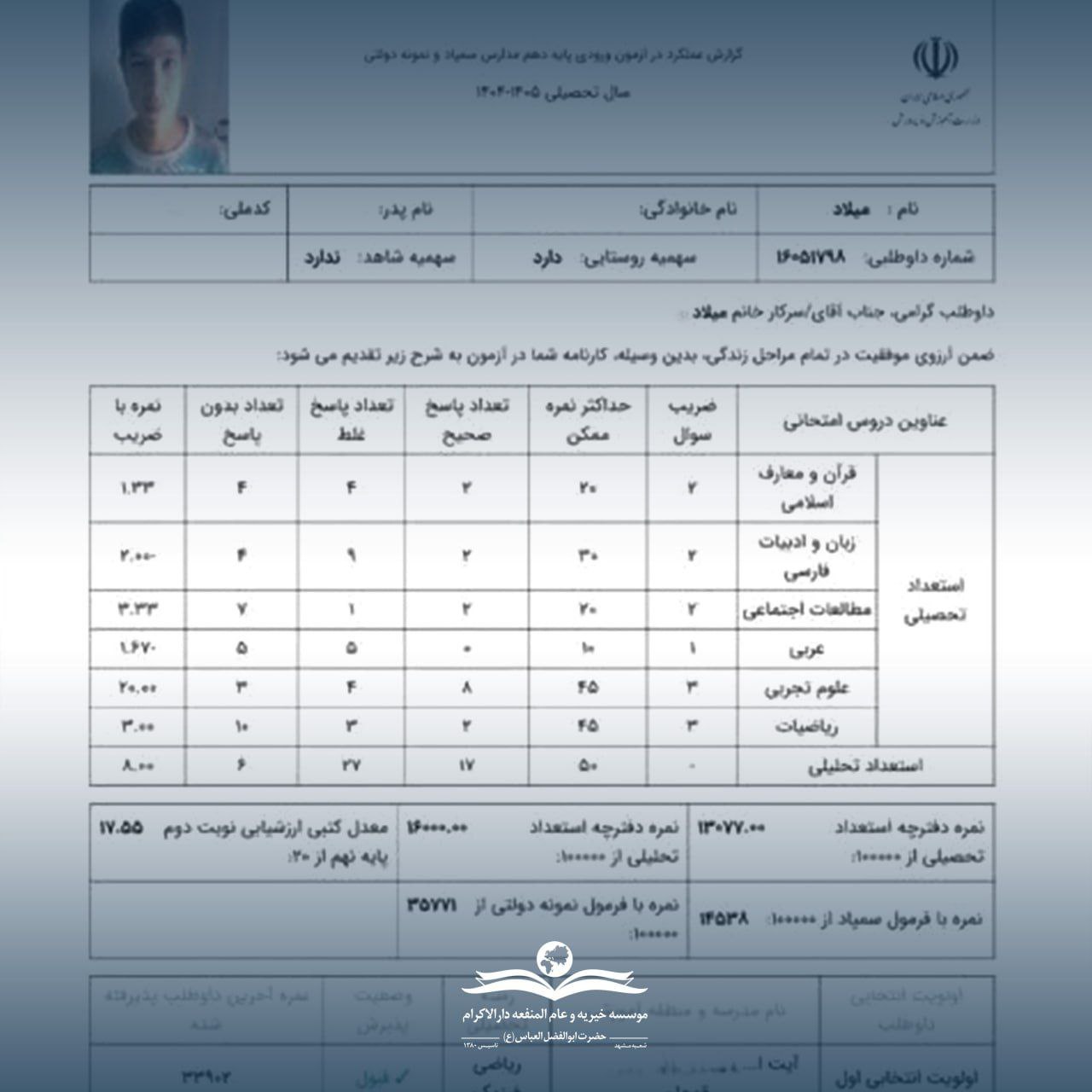 photo 2025 09 24 12 16 00 قبولی دانشآموز عضو دارالاکرام مشهد در آزمون مدارس سمپاد
